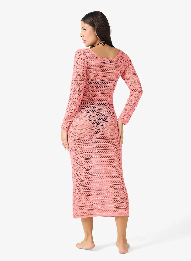 جينجر Crochet Plunge Neck Beach Dress